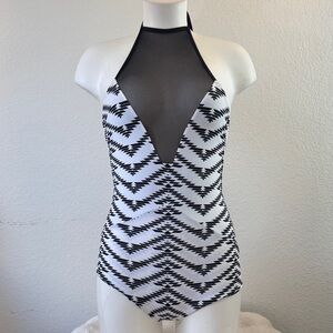 Black and White Halter One Piece Swimsuit